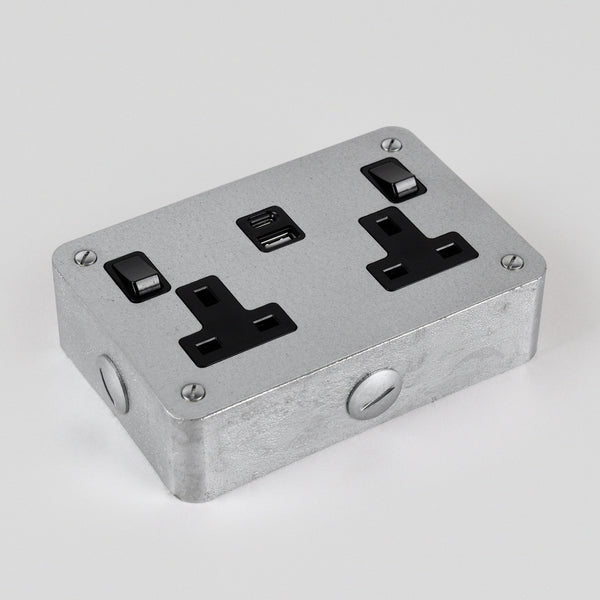 Galvanised 2 Gang Switched Socket with USB A & C - Black Insert