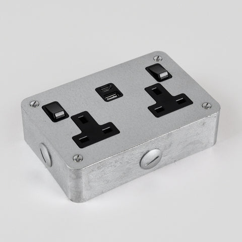 Galvanised 2 Gang Switched Socket with USB A & C - Black Insert