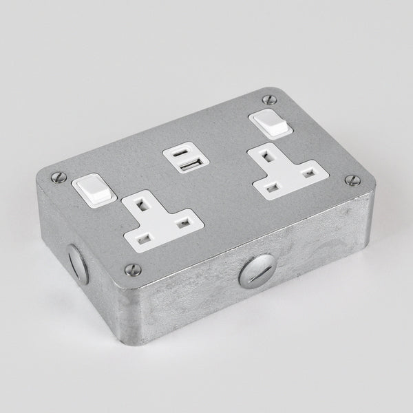 Galvanised 2 Gang Switched Socket with USB A & C - White Insert