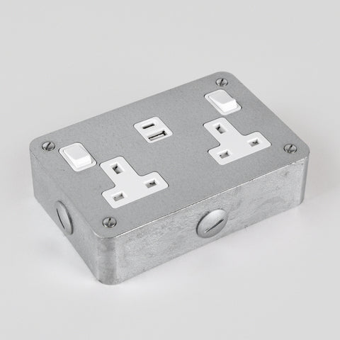 Galvanised 2 Gang Switched Socket with USB A & C - White Insert